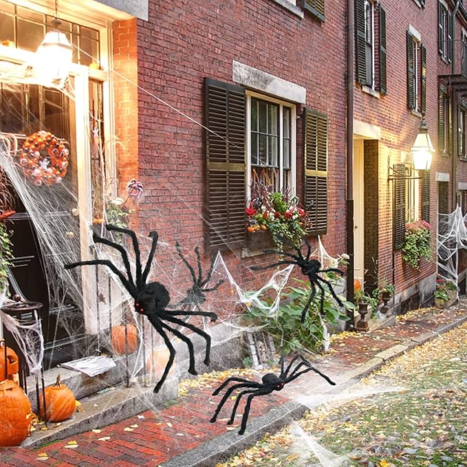 Halloween Spider Web Decoration 16ft + Giant Spider 35" Black + Stretchy Dense Spider Silk Rope and 2 Small Spiders Triangular Huge Spider Web for Indoor/Outdoor