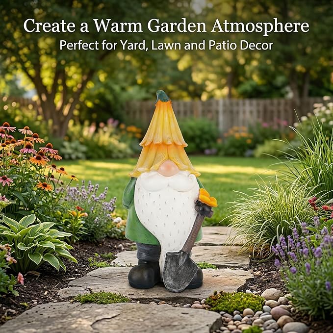 Topadorn Garden Gnome Outdoor Gnome Statue Resin Sculpture Outdoor Figurine with Yellow Hat for Garden Decoration, 11 Inch