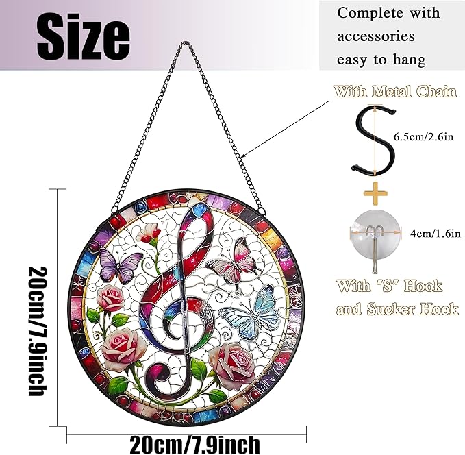 Treble Clef Stained Glass Window Hanging, 7.9'' Musical Note Suncatcher Window Decoration Music Lover Gifts