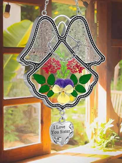 KY&BOSAM Angel Suncatcher I Love You Sister Stained Glass Panels for Windows Wind Chime with Pressed Flower Glass with Metal Heart Charm Birthday Gift for Women Sister for Mothers Day Christmas Décor