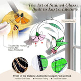 Stained Glass Hummingbird Suncatcher with Flower Branch - Handmade Real Glass Window Hanging, Bird Safe Gift for Women, Mom & Bird Lovers - Vibrant Porch & Kitchen Decor (Green)