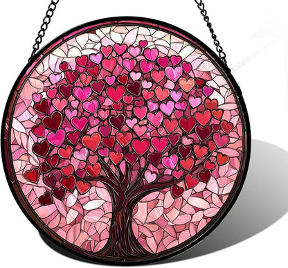 DASTOLL Stained Glass Window Hanging, Pink Love Tree of Life Sun Catchers Colorful Glass Panel Suncatcher Decor for Birthday for Women, Men, Wife, Lovers, and Mom 9.8 in