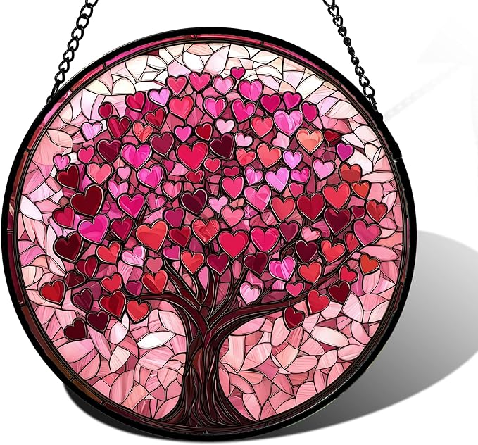 DASTOLL Stained Glass Window Hanging, Pink Love Tree of Life Sun Catchers Colorful Glass Panel Suncatcher Decor for Birthday for Women, Men, Wife, Lovers, and Mom 11.8x11.8 in