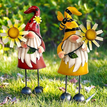 HONGLAND Gnomes Decorations for Yard - Metal Gnome Outdoor Decor Bee Ladybug Garden Statue- Christmas Decoration Thanksgiving Holiday Lawn Patio Yard Stakes (Set of 2)