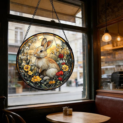 DASTOLL Stained Glass Window Hanging - Rabbit Flowers Suncatcher Ready to Hang Window Doors Home Decoration, Easter, Mother's Day Birthday Gifts for Women, Men, and Mom 11.8x11.8 in