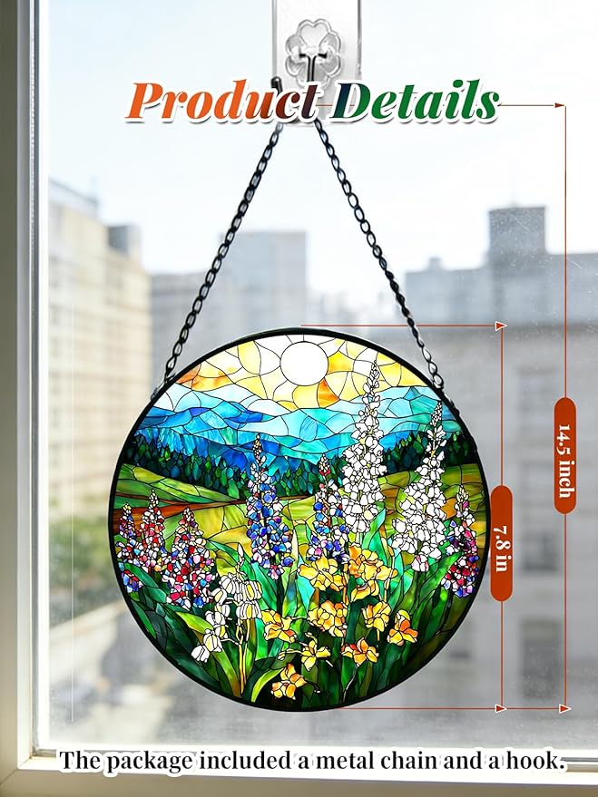 Stained Glass Window Hanging, Wildflowers Plant Scenery Suncatcher for Door Home Decor,Valley Sunrise Sun Catcher Ornament Mother's Day Birthday Gifts for Women Men Mom 7.8 in