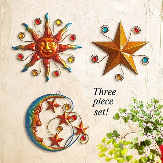 Limygus Metal Wall Art Sculpture, Set of 3 - Celestial Wall Decoration - Sun Moon Star Decorative Silhouette - Waterproof Wall Hanging Decor for Home Office, Bedroom, Bathroom, Living Room