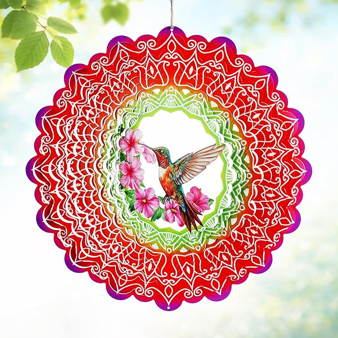 Hanging Wind Spinner 12 Inch, Hummingbird 3D Stainless Steel Wind Spinner, Garden Yard Patio Decor, Indoor Window Wall Art for Relaxation, Mindfulness, Calming Gift