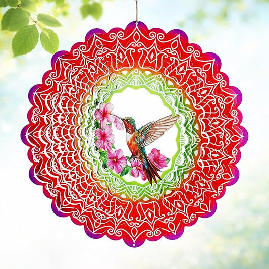 Hanging Wind Spinner 12 Inch, Hummingbird 3D Stainless Steel Wind Spinner, Garden Yard Patio Decor, Indoor Window Wall Art for Relaxation, Mindfulness, Calming Gift