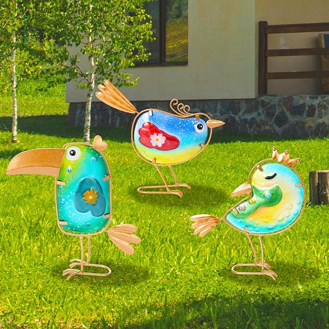 Stained Glass Bird Decor for Home, Metal Garden Decor for Outside, Spring Outdoor Art Decor for Garden, Patio, Porch and Front Yard, Home Blue Bird Figurines Decorations (3 PCS)