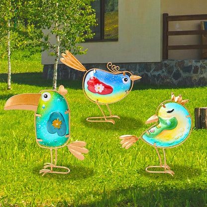 Stained Glass Bird Decor for Home, Metal Garden Decor for Outside, Spring Outdoor Art Decor for Garden, Patio, Porch and Front Yard, Home Blue Bird Figurines Decorations (3 PCS)