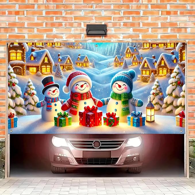 HOMETITUTE Christmas Garage Door Banner 13x6ft Snowman Family Winter Village Scene Holiday Backdrop Red Green Blue Gift Box Lantern Indoor Outdoor Wall Hanging Seasonal Porch Decoration Party