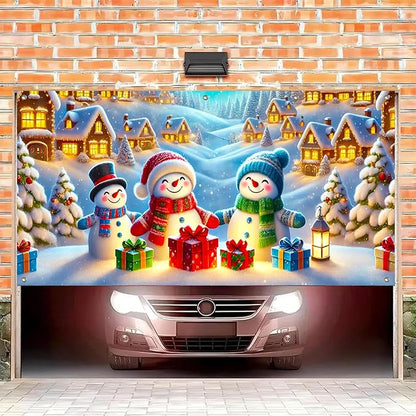 HOMETITUTE Christmas Garage Door Banner 13x6ft Snowman Family Winter Village Scene Holiday Backdrop Red Green Blue Gift Box Lantern Indoor Outdoor Wall Hanging Seasonal Porch Decoration Party