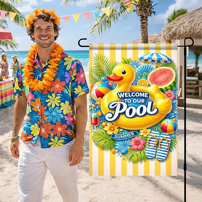 BlissYard Welcome To Our Pool Garden Flag 12x18 Double Sided Vertical Outdoor Decor Rubber Duck Summer Poolside Yard Garden Lawn Banner Bright Seasonal Display