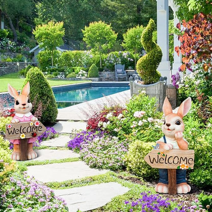 22" Solar Large Rabbit Statue Garden Decor Resin Standing Bunny Statue with Welcome Sign Outdoor Easter Decor for Porch Patio Lawn Yard Gardening Housewarming Gifts, Pink Rabbit