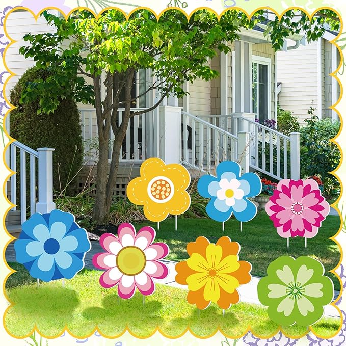 Amyhill 12 Pcs Spring Flower Yard Signs Decoration for Outdoor Floral Garden Lawn Signs with Stakes Waterproof Hello Spring Decor for Easter Festive Holiday Party Patio Lawn Walkway Decorations