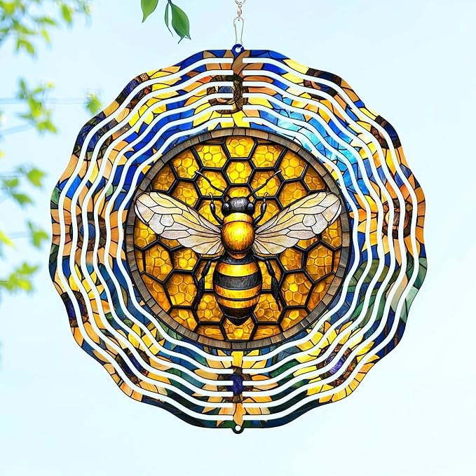 FLAGWIX Bee Wind Spinners Outdoor - 3D Stainless Steel Metal Wind Spinners 12 in - Bee Gifts Decorations for Home, House Outdoor Garden Decor for Outside, Garden Gifts for Women