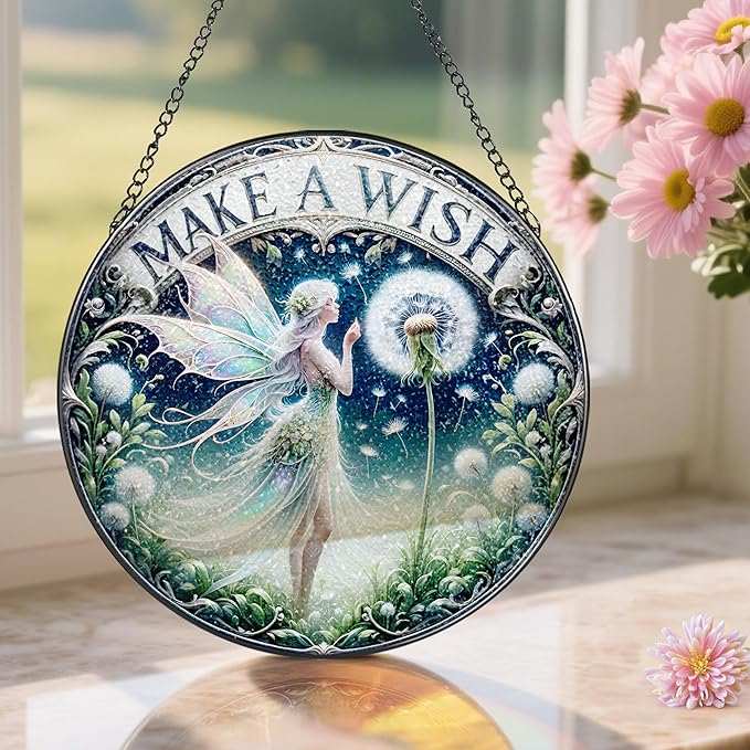 Stained Glass Window Hanging, Pauyadu Fairy Sun Catchers, Stained Glass Suncatcher, Fairy Decor Gifts for Women, Mom, Grandma, Wife, Bestie and Friend - 8 Inch
