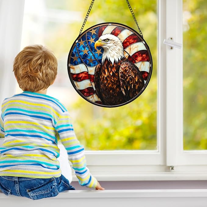 Eagle Stained Glass Suncather for Window Hanging, 7.9'' American Bald Eagle Ornament Gift for Men, Patriotic Wall Art Home Decor Gift for Father's Day Independence Day (Brown, 7.9'')