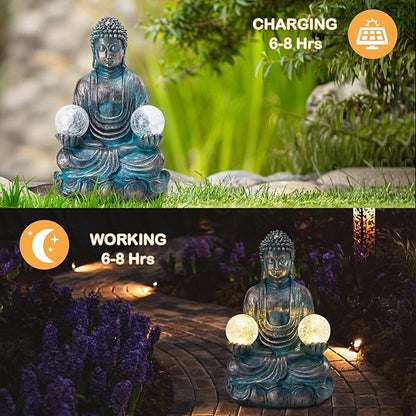 Afirst 10.5'' Meditating Buddha Garden Statues Solar Buddha Sculpture Decor with Glass Balls Zen Meditation for Home Garden Yard Patio Indoor Outdoor Ornaments Gifts for Mom