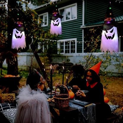 BokingOne Halloween Decorations Outdoor 3Pcs Large Size Hanging Lighted Glowing Ghost Witch Hat Decor with Lights String for Party Indoor Outside Ornaments and Yard Tree Garden