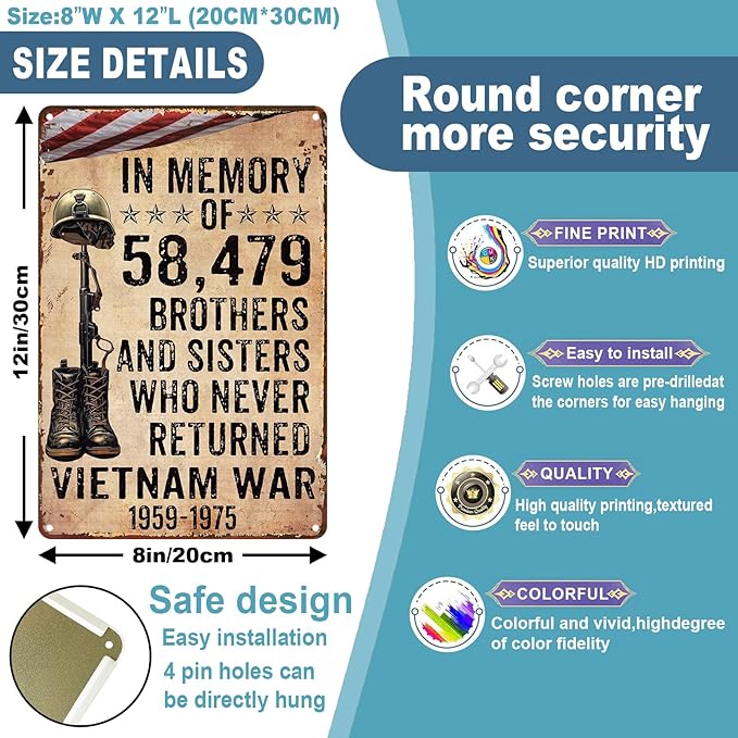 Veteran Metal Tin Sign Vietnam Veterans In Memory Of 58479 Brothers And Sisters Who Never Returned Vietnam War 1959-1975 Retro Sign For Army Soldier Man Cave Office Home Coffee 8x12 inch