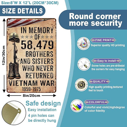 Veteran Metal Tin Sign Vietnam Veterans In Memory Of 58479 Brothers And Sisters Who Never Returned Vietnam War 1959-1975 Retro Sign For Army Soldier Man Cave Office Home Coffee 8x12 inch