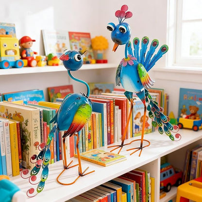 22.5" Metal Peacock Garden Statues Set of 2, Whimsical Cartoon Bird Sculptures with Hand-Painted Blue & Rainbow Finish, Lifelike Indoor Outdoor Yard Art for Patio Lawn Shelf & Living Room Decor