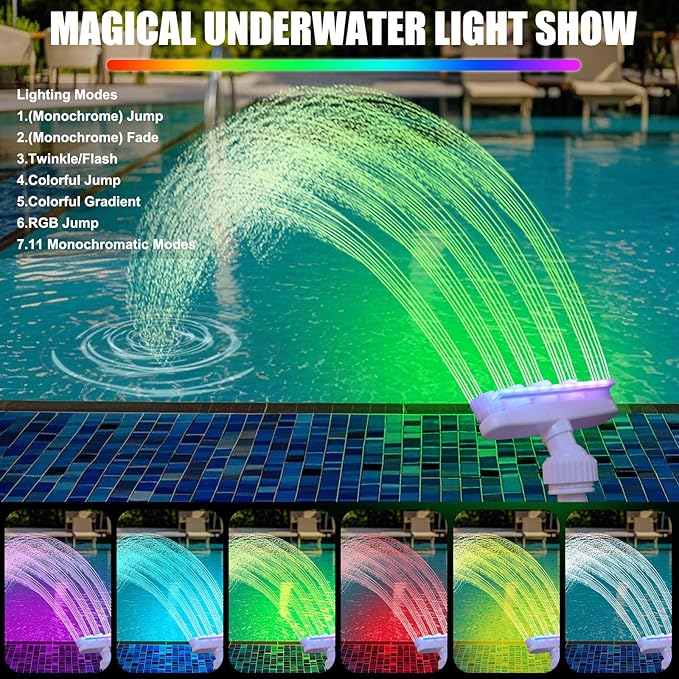 Reallnaive 2026 Solar Pool Fountain for Above and Inground LED 360° Adjustable Fountain for Swimming Pool Sprayer Waterfall Sprinkler with 7 Color LED Light Fun Waterfall Sprayer for Above Inground