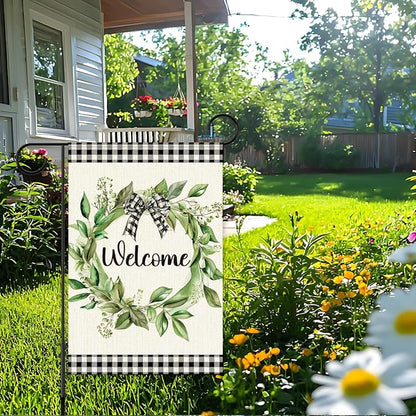 Welcome Spring Summer Garden Flags, Eucalyptus Wreath Outdoor Flags for Garden, Spring Summer Flowers Buffalo Plaid Farmhouse Yard Lawn Porch Flag for Outside Decor 12x18 Inch Double Sided