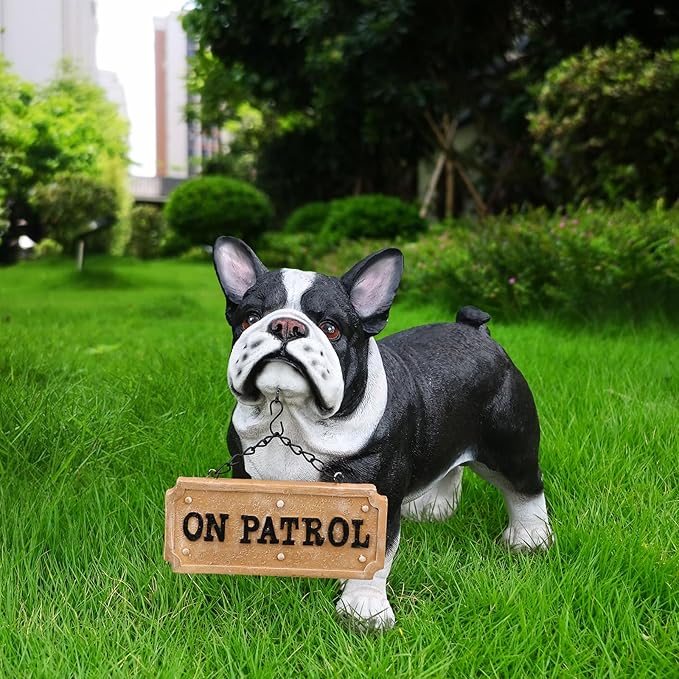 French Bulldog Statue with Solar Lantern - 14.96" Frenchie Garden Sculpture with Interchangeable Double-Sided "Welcome" & "On Patrol" Sign - Resin Dog Figurines for Outdoor Patio, Lawn, Porch Decor