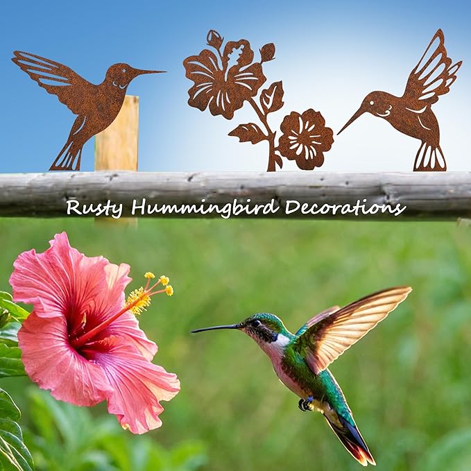 5PCS Rusty Hummingbird Decorations, Outdoor Bird Wall Decor, Metal Birds Yard Decor, Metal Birds Craft Statue Ornaments - Garden Sculptures and Yard Art, Fence Decorations for Outdoor Use