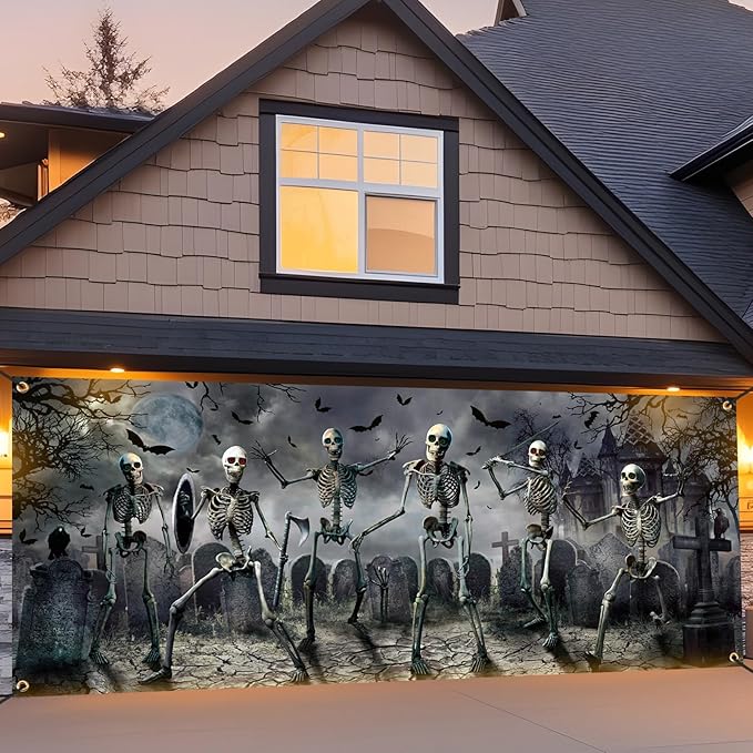 Panelee Halloween Garage Door Decoration 7x16ft Large Horror Backdrop Banner Horror Halloween Garage Door Cover with Bat Cemetery for Home Yard Scary Theme Party Outdoor Wall Decoration (Skeleton)