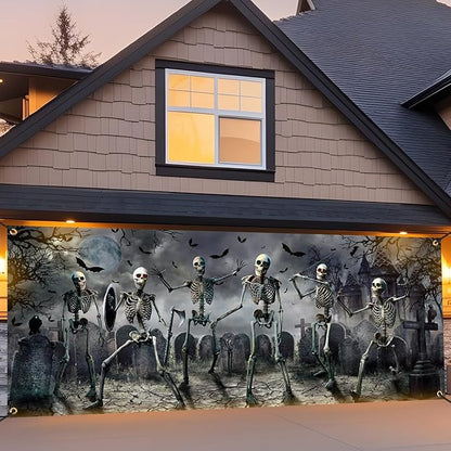 Panelee Halloween Garage Door Decoration 7x16ft Large Horror Backdrop Banner Horror Halloween Garage Door Cover with Bat Cemetery for Home Yard Scary Theme Party Outdoor Wall Decoration (Skeleton)