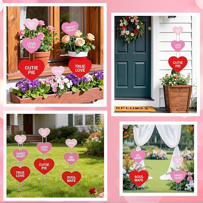 KEOHOLI 9 Pcs Valentine Yard Sign Valentine's Day Yard Stake with Conversation Heart Valentines Garden Stake Valentines Day Outdoor Decorations for Pathway Wedding Lawn