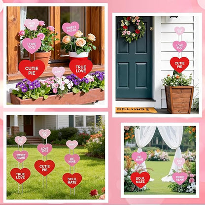 KEOHOLI 9 Pcs Valentine Yard Sign Valentine's Day Yard Stake with Conversation Heart Valentines Garden Stake Valentines Day Outdoor Decorations for Pathway Wedding Lawn