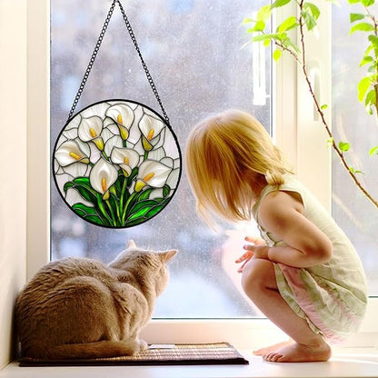 DASTOLL Stained Glass Window Hanging, White Calla Lily Suncatcher Diamond Glass Panel Hangings Flowers Sun Catchers Decor for Birthday for Women, Men, Wife, Aunt, and Mom 11.8x11.8 in