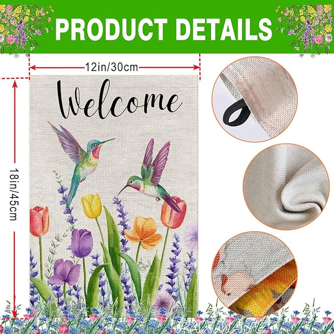 Welcome Hummingbird Spring Flowers Garden Flag 12x18 Inch Double Sided Outside Small Mini Yard Holiday Outdoor Farmhouse Decoration