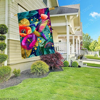 Hummingbird Floral Welcome House Flag 28x40 Inch Double Sided for Outside, Spring Summer Garden Decor for Patio Lawn
