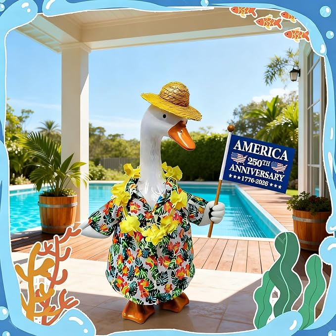 Porch Goose Summer Outfits for 23'' Lawn Porch Goose Clothing Hawaiian Outfits, Summer Lawn Goose Costume, Yard Goose Clothes Hawaiian Wreath with Straw Hat Glasses (with a 250th Years Flag)