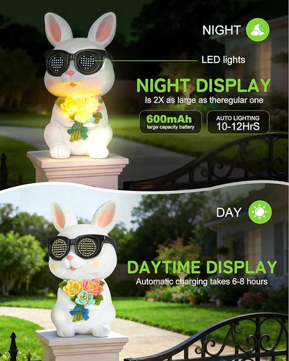 Solar Bunny Garden Outdoor Statues Decor, Rabbit with Flower and LED Lights Garden Decor for Home House, Yard Art Lawn, Ornaments, Porch Patio, Balcony - Birthday Gifts for Grandma Mom Women