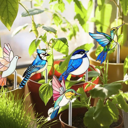 Bird Butterfly Flower Plant Pot Stake Decoration, 4.7 Inch 2D Colorful Acrylic Bird Butterfly Garden Ground Insert Decor, Outdoor Yard Lawn Pathway Patio Art Ornaments, Gifts for Mom (P)