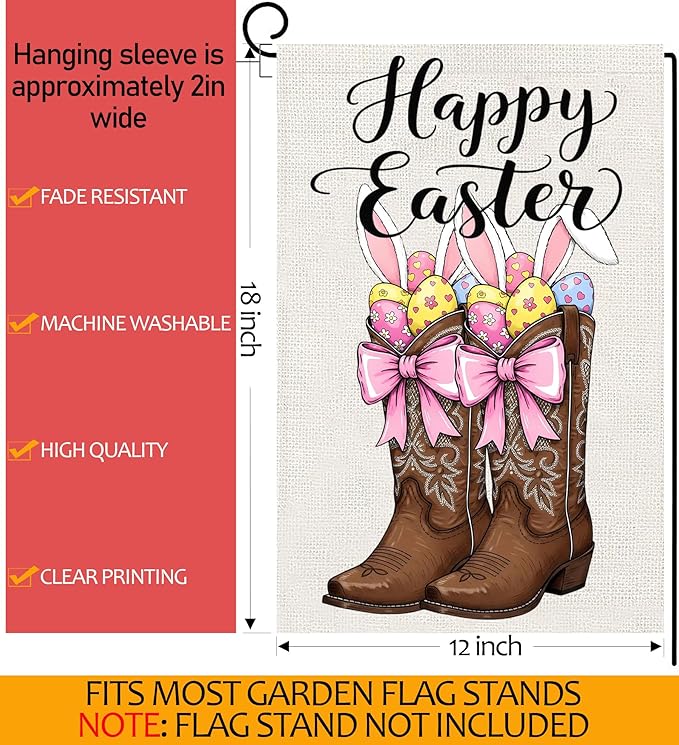 Happy Easter Garden Flags 12x18 Inch Vertical Double Sided Outside, Easter Eggs Bunny Boots Spring Yard Flag Decor, Holiday Outdoor Decorations for Home