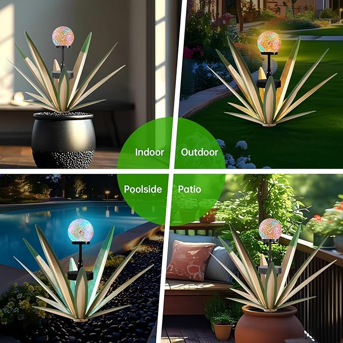 Tequila Rustic Sculpture Metal Yard Decor with Solar Mosaic Light, 21in (H) Hand Painted Metal Agave Garden Statue (1 Pack Green)