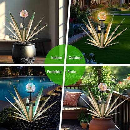 2Pack Metal Agave Rustic Sculpture Yard Decor with Solar Mosaic Light, 21Inches Height Hand Painted Metal Tequila Garden Statue Green