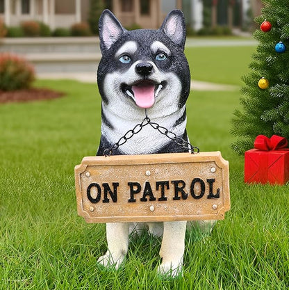 Husky Welcome Light with Solar Lantern & Double-Sided Sign, Sitting Black & White Husky Sculpture for Entry Shelf, Patio & Garden Edge