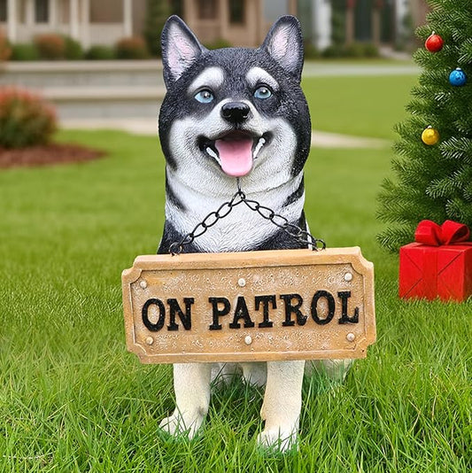 Husky Welcome Light with Solar Lantern & Double-Sided Sign, Sitting Black & White Husky Sculpture for Entry Shelf, Patio & Garden Edge