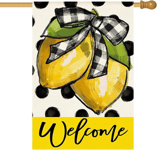 AVOIN colorlife Polka Dot Welcome Lemon Summer House Flag 28 x 40 Inch Double Sided Outside Yard Outdoor Decoration