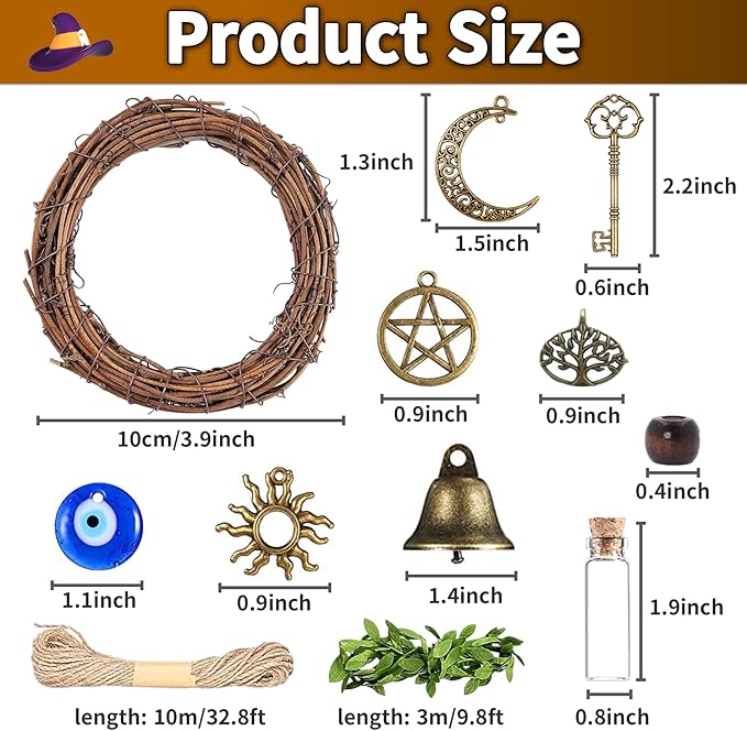 44 Pcs Witch Bells DIY Kit for Door Knob, with Wreaths Protection Witch for Bell Witchy Decor Hanging Wall Home Bedroom Garden Witchcraft Decorations Witches Wind Chimes Decor Retro Color