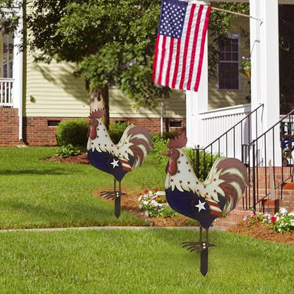 2PCS Patriotic Metal Rooster Yard Decor 12in 4th of July Chicken Garden Statues with Stake Outdoor Art Decorations Red White and Blue American Flag Iron Rooster Sign for Lawn Backyard Home Decor